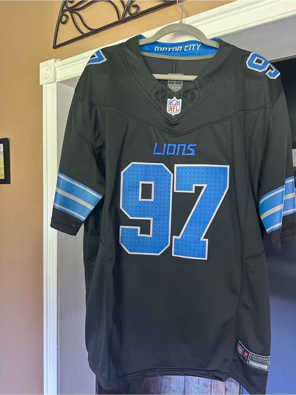 Detroit Lions, #97 Hutchinson, Black and Blue NFL Replica Jersey